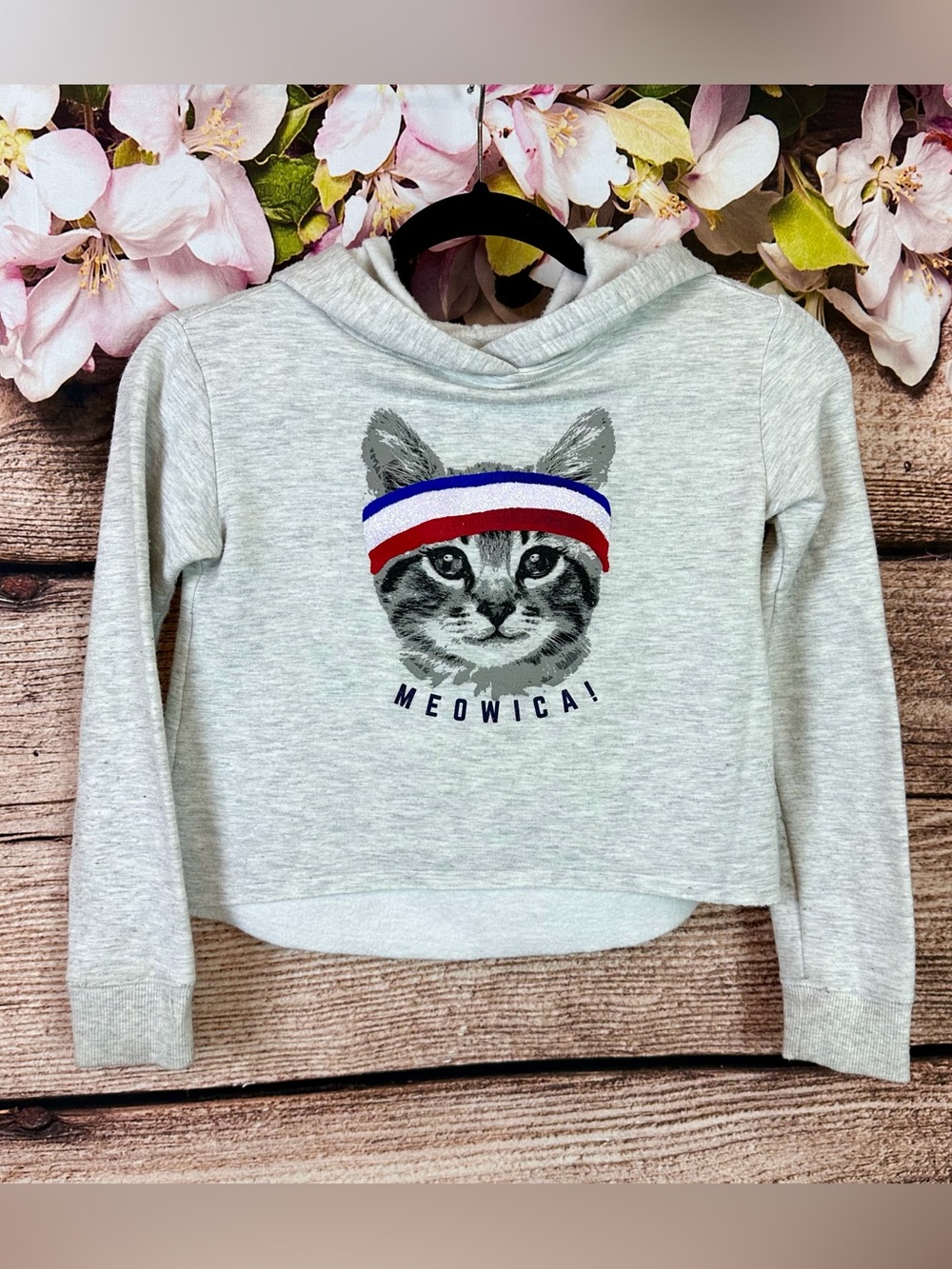 SOLD 🛍️ Justice Active Little Girls Viscose Gray US Flag Cat Meowica Hooded Top